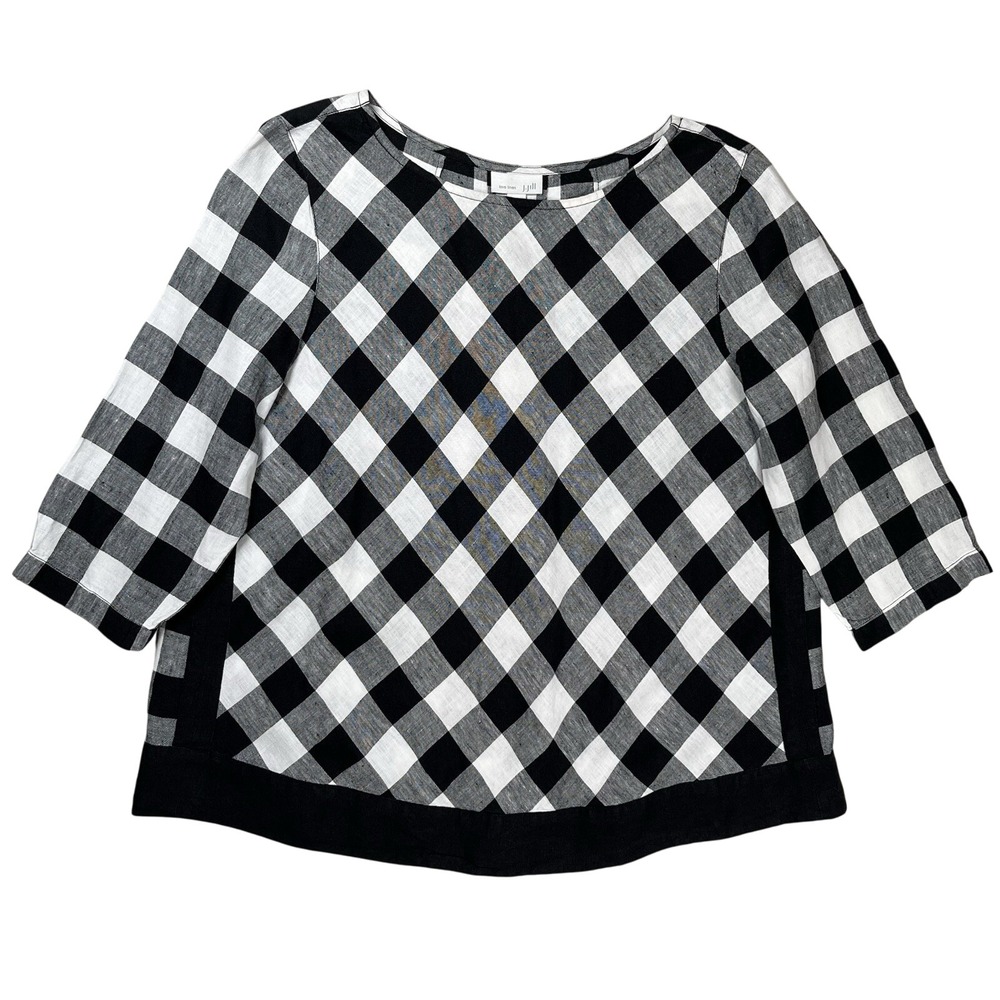 J Jill Love Linen L Blk/White Gingham Buffalo Plaid Popover Shirt Sz M Petite